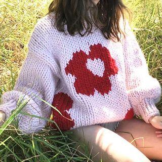 Long Sleeve Floral Loose-fit Sweater Pink - One Size