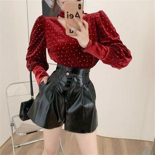 Choker-neck Rhinestone Velvet Blouse / Faux Leather High-waist Shorts