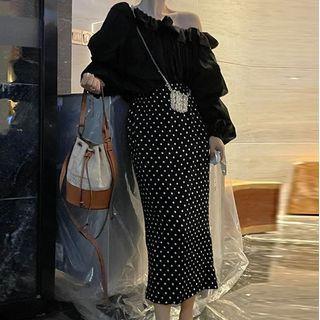 Plain Blouse / Dotted Fitted Skirt