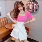 Square Neck Short-sleeve Blouse /plain Irregular Skorts