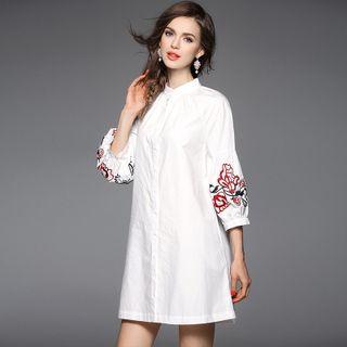 Embroidered Bubble-sleeved Shirt Dress