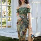 Off-shoulder Floral Print Crop Top / Tie-waist Midi Pencil Skirt