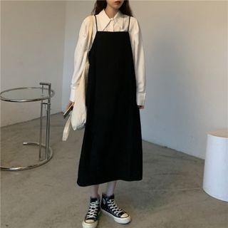 Plain Shirt / Spaghetti-strap Midi Overall Dress