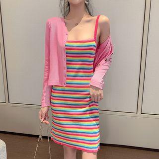 Set: Striped Strappy A-line Dress + Cardigan