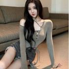 Long-sleeve Strappy Asymmetrical T-shirt Grayish Green - One Size