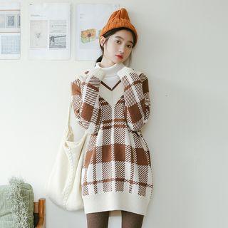 V-neck Plaid Long Sweater
