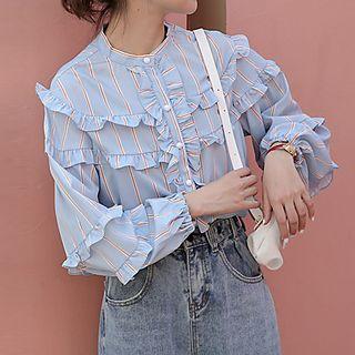 Ruffled Striped Blouse As Shown In Figure - One Size