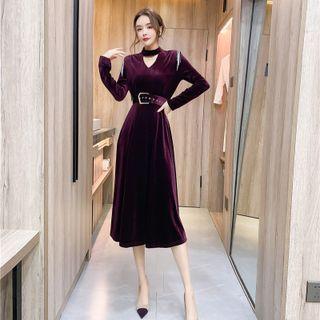 Long-sleeve Mock-neck Cutout Velvet Midi A-line Dress