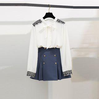 Tie-neck Chiffon Blouse / Double-breasted Pleated Mini Skirt / Set