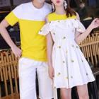 Couple Matching Mock Two-piece Mini A-line Dress / Short-sleeve Color Block T-shirt / Shorts
