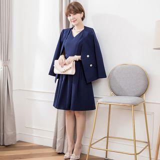 Set: V-neck Sleeveless A-line Dress + Double-breasted Blazer