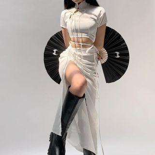 Short-sleeve Cropped Cheongsam Top / Shirred Midi A-line Skirt