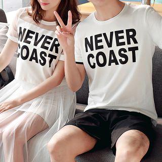 Couple Matching Set: Lettering Short-sleeve T-shirt + Shorts / Set: Mesh Panel Short-sleeve T-shirt + Mesh Skirt