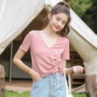 Short-sleeve V-neck Asymmetric Drawstring Cropped T-shirt Pink - One Size