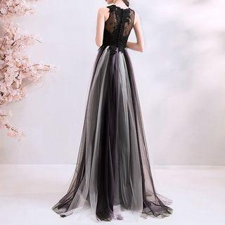Sleeveless Lace Paneled A-line Evening Gown