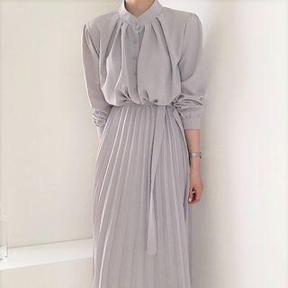 Long-sleeve Plain Button-up Midi Dress