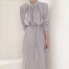 Long-sleeve Plain Button-up Midi Dress