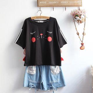Short-sleeve Cartoon Print T-shirt / Cartoon Pocket Denim Shorts