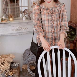 Frilled-detail Checked Blouse Orange - One Size