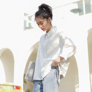Plain Ruffle Pleated Button-up Shirt White - One Size