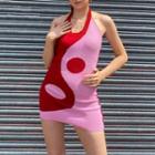 Halter-neck Tai Chi Print Color-block Knitted Bodycon Dress