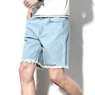 Fringed Embroidered Denim Shorts