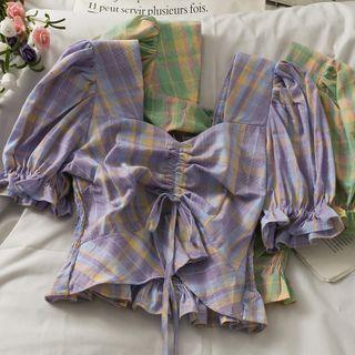 Ruffled-trim Drawstring Crop Shirt