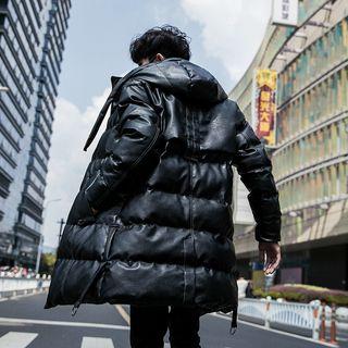 Faux Leather Zip Hooded Padded Coat