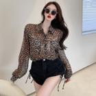 See-through Leopard Print Chiffon Oversize Shirt Leopard - One Size