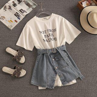 Set: Short-sleeve Lettering T-shirt + Denim A-line Skirt