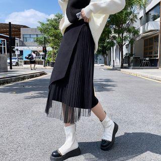 Mesh Panel Asymmetrical Midi Pencil Skirt