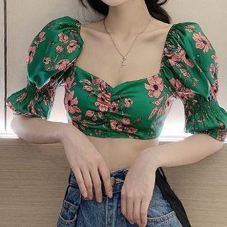 Floral Puff-sleeve Cropped Blouse Green - One Size