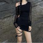 Long-sleeve Off-shoulder Tie-leg Mini Bodycon Dress