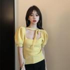 Puff-sleeve Tie Neck Knit Top