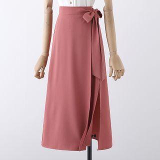 Side-slit Bow Accent Midi A-line Skirt