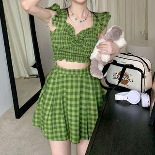 Plaid Ruffle Cropped Camisole Top / Mini A-line Skirt