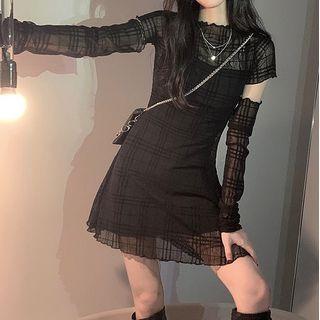 Spaghetti Strap Mini Sheath Dress / Short-sleeve Plaid Mini Sheath Dress / Fnigerless Gloves / Set