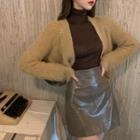 Cardigan / Patent Mini Fitted Skirt / Long-sleeve Top