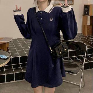 Long-sleeve Polo-neck Mini A-line Dress Dark Blue - One Size