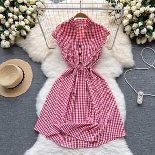 Sleeveless V-neck Plaid Lace-up Dress
