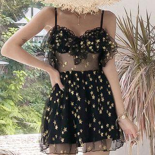 Star Print Mesh Panel Swim Dress