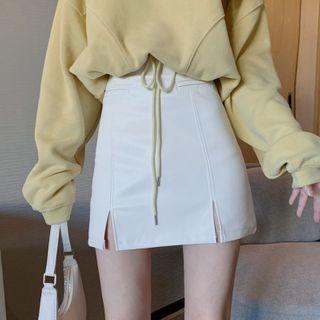 Side-slit Mini A-line Skirt / Letter Embroidered Sweatshirt