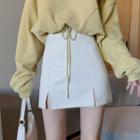 Side-slit Mini A-line Skirt / Letter Embroidered Sweatshirt