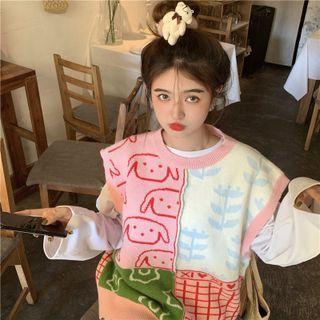 Cartoon Print Panel Sweater Vest Pink & Green & White - One Size