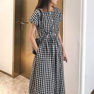 Checked Cap-sleeve Midi A-line Dress