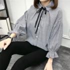 Bow Accent Lantern-sleeve Striped Blouse