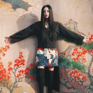 Long-sleeve Print Panel High-low Dress Red & Yellow & White & Blue & Green & Black - One Size