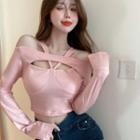 Long-sleeve Colds-shoulder Strappy Cropped T-shirt Pink - One Size