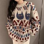 Round Neck Geometric Cat Print Loose Fit Sweater
