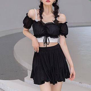 Set: Short-sleeve Swim Top + Spaghetti Strap Swim Top + Skirt + Bottom